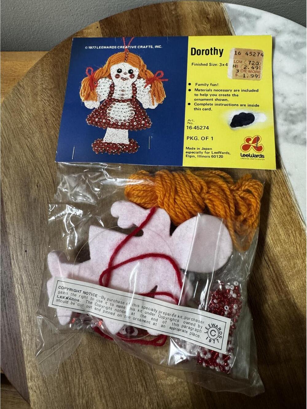 Vintage 1977 LeeWards Dorothy Rag Doll Ornament Craft Kit 16-45274 Sealed NOS
